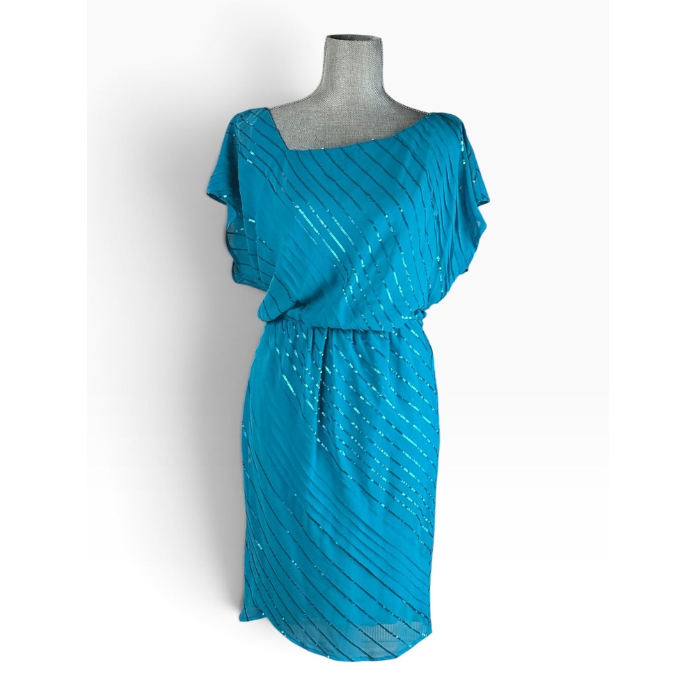 Vince Camuto Blue Sequin Stripe Blouson Cocktail Dress, Size 14
